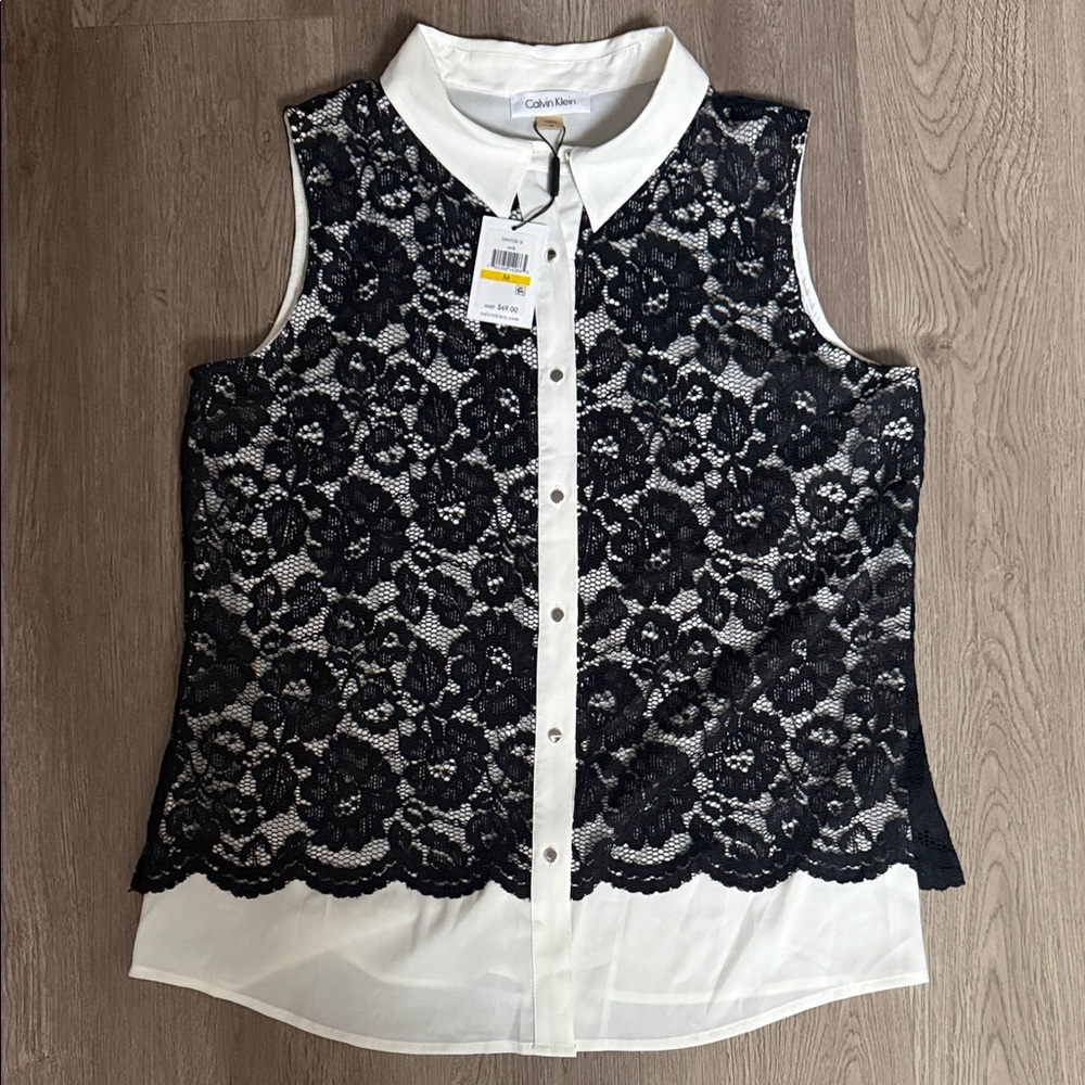 Calvin Klein Black and White Sleeveless Lace Blouse